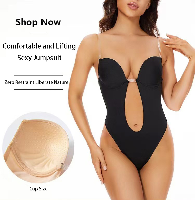 Plunge Bra Push Up - บอดี้สูทกระชับสัดส่วนแบบไม่มีสายหลัง กาวกันลื่น คอวีลึก ทรงยูพลังส์ พร้อมกางเกงในในตัว ช่วยยกกระชับหน้าท้องและสัดส่วน