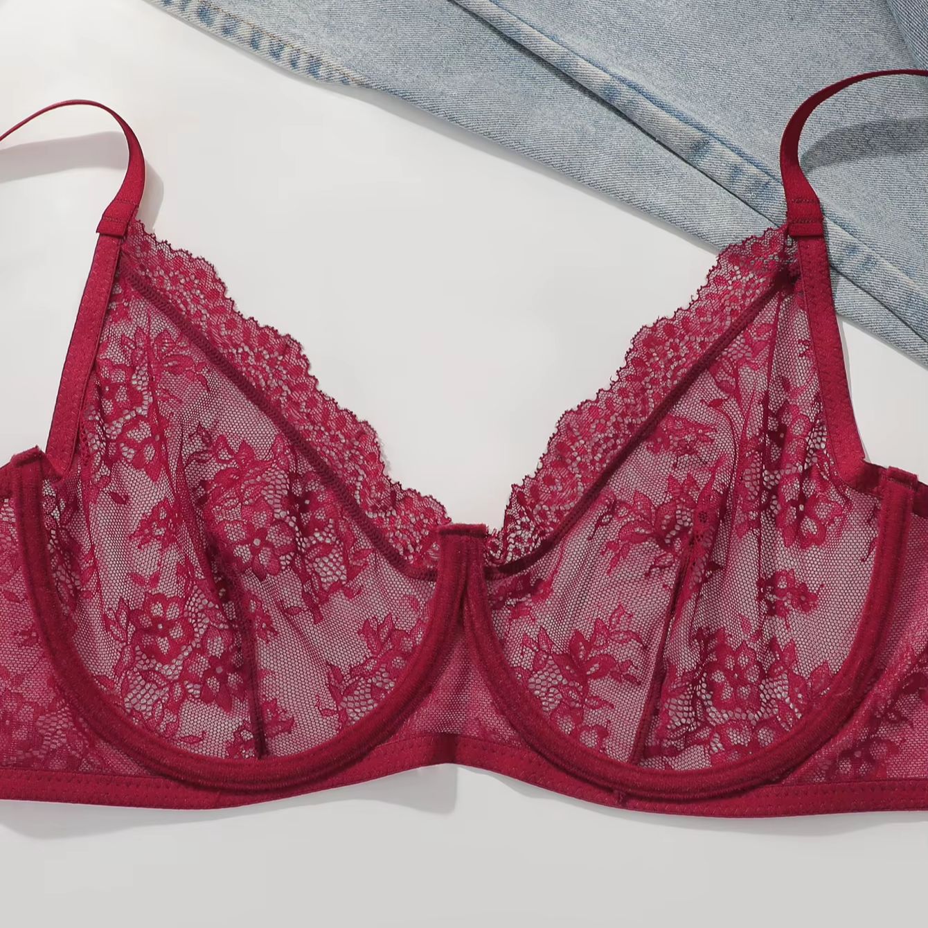 บราลูกไม้สีแดงสำหรับผู้หญิงไซส - Sheer Bra Lace บทวิจารณ์และราคา